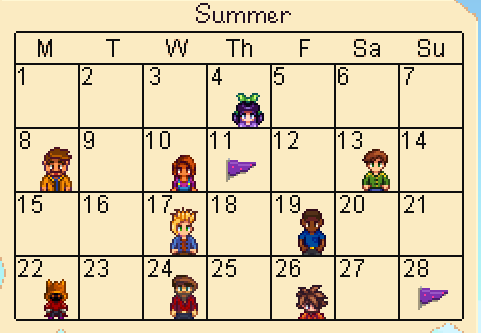 Stardew Valley Summer Calender